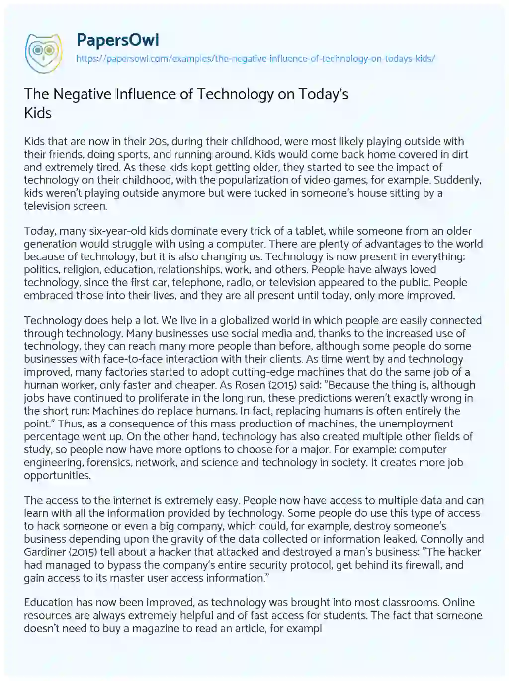 Essay on The Negative Influence of Technology on Today’s Kids