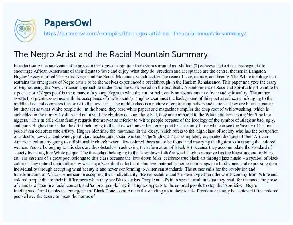 Essay on The Negro Artist and the Racial Mountain Summary