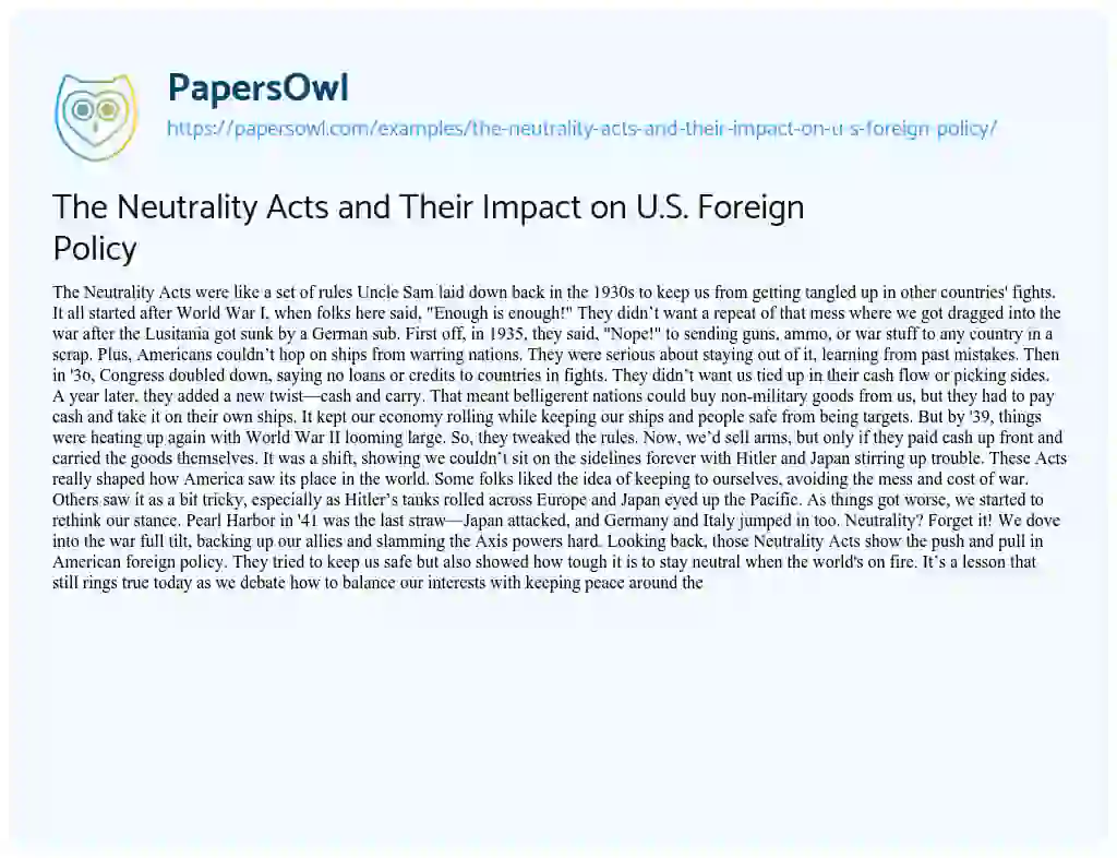 Essay on The Neutrality Acts and their Impact on U.S. Foreign Policy