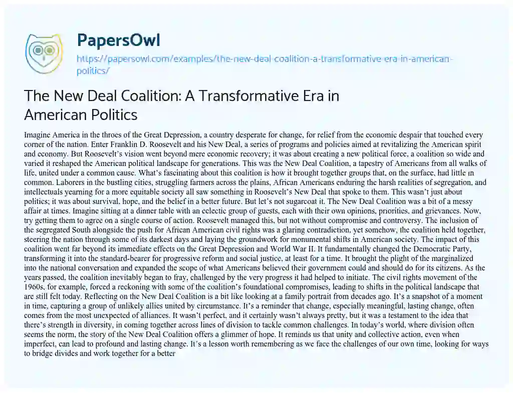 Essay on The New Deal Coalition: a Transformative Era in American Politics