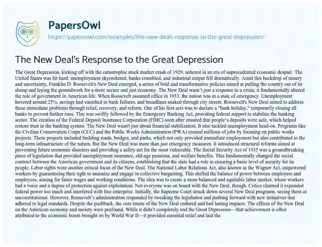 Essay on The New Deal’s Response to the Great Depression