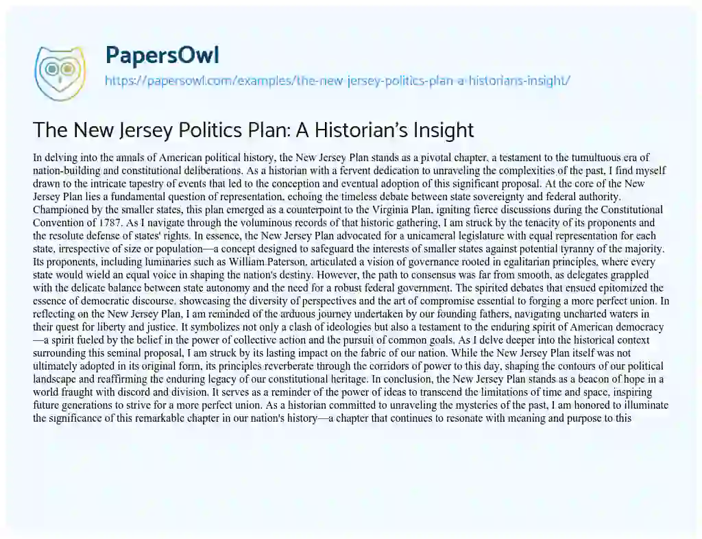 Essay on The New Jersey Politics Plan: a Historian’s Insight