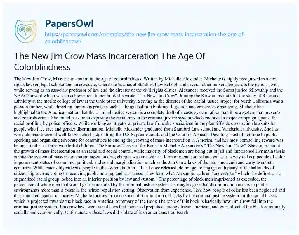 Essay on The New Jim Crow Mass Incarceration the Age of Colorblindness