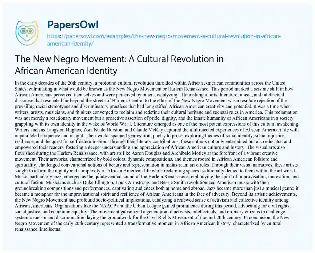 Essay on The New Negro Movement: a Cultural Revolution in African American Identity