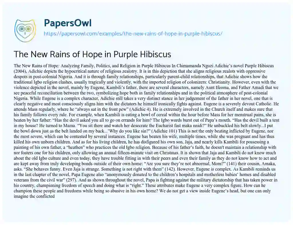 Essay on The New Rains of Hope in Purple Hibiscus