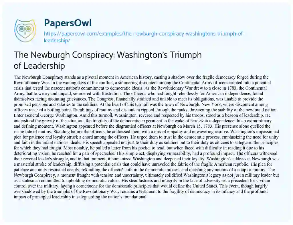 Essay on The Newburgh Conspiracy: Washington’s Triumph of Leadership