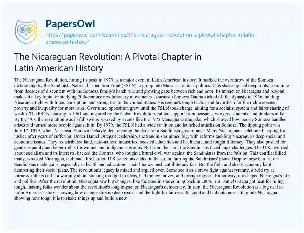 Essay on The Nicaraguan Revolution: a Pivotal Chapter in Latin American History