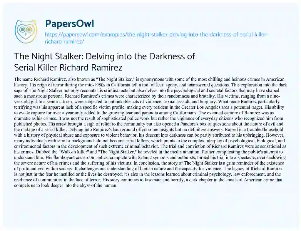 Essay on The Night Stalker: Delving into the Darkness of Serial Killer Richard Ramirez