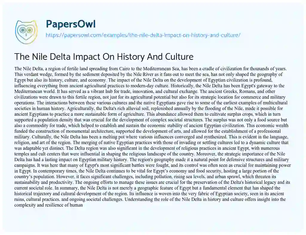 Essay on The Nile Delta Impact on History and Culture