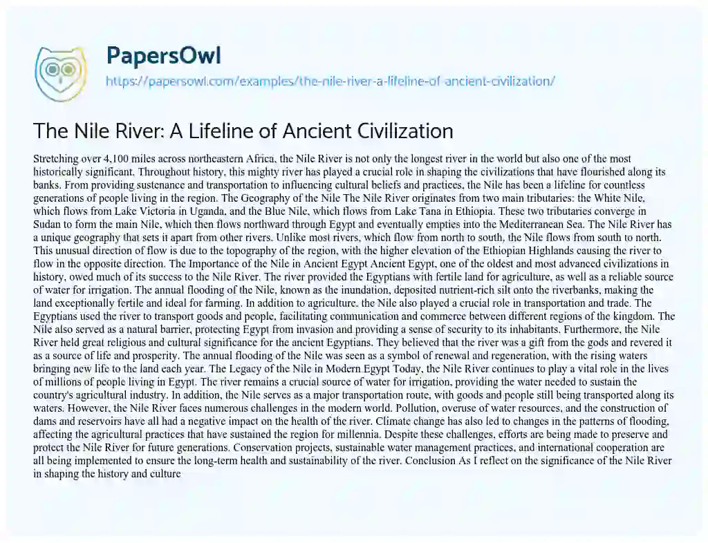 Essay on The Nile River: A Lifeline of Ancient Civilization