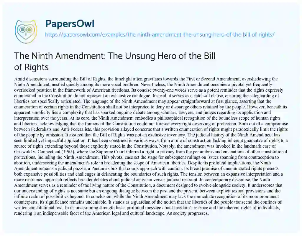 Essay on The Ninth Amendment: the Unsung Hero of the Bill of Rights