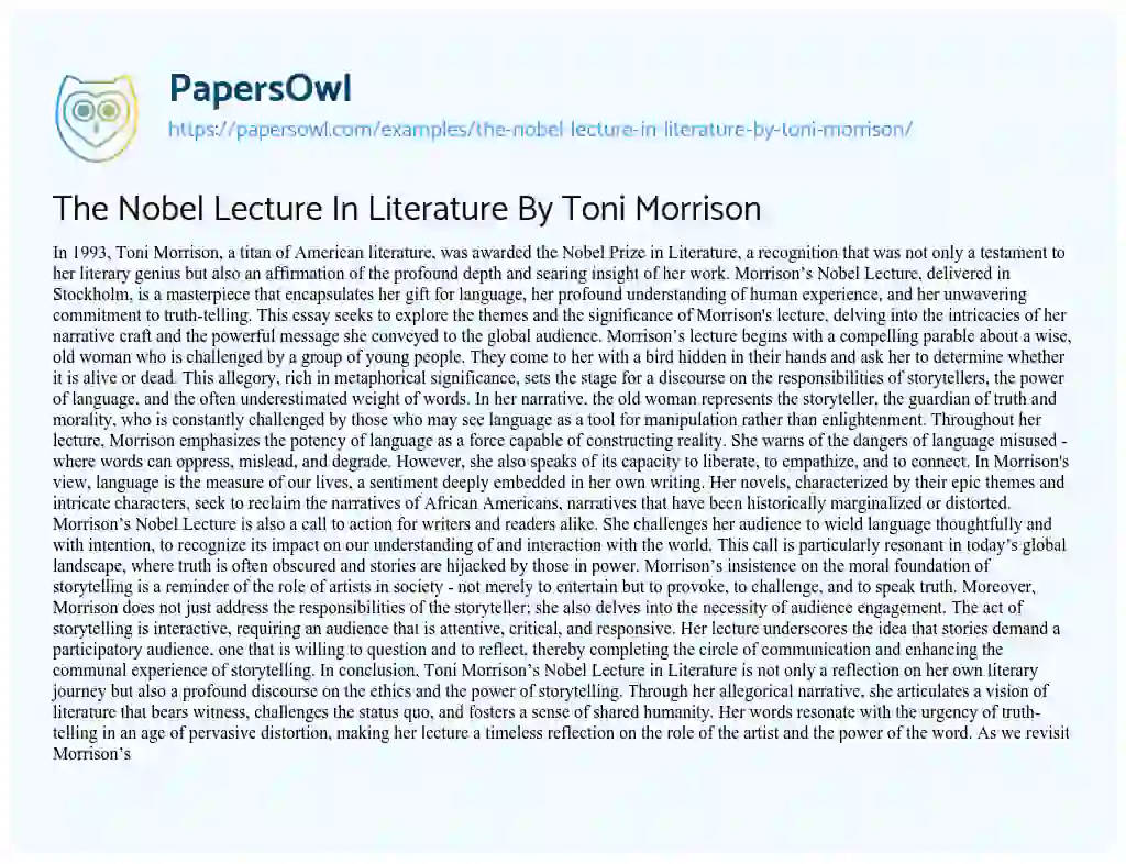 Essay on The Nobel Lecture in Literature by Toni Morrison