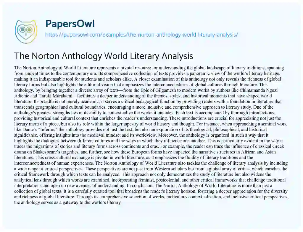 Essay on The Norton Anthology World Literary Analysis