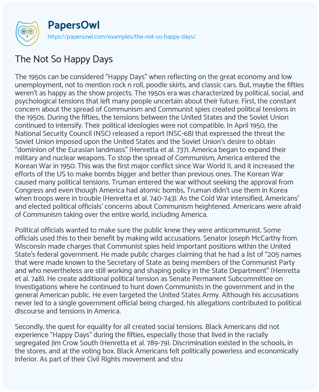 Essay on The not so Happy Days