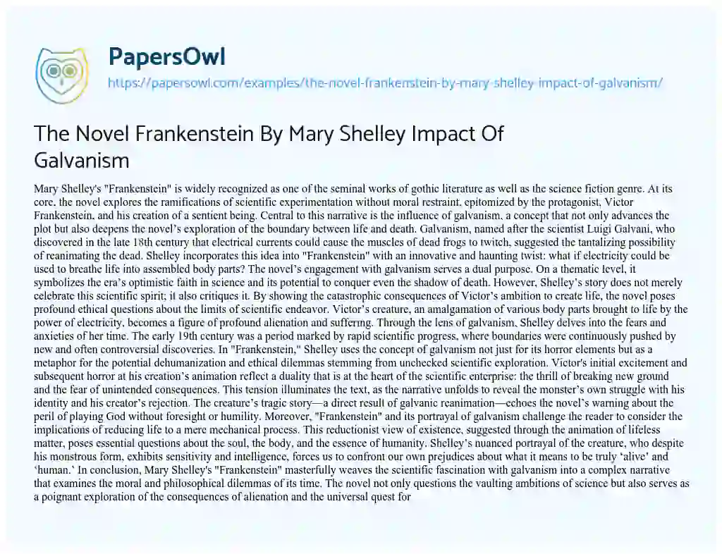 Essay on The Novel Frankenstein by Mary Shelley Impact of Galvanism