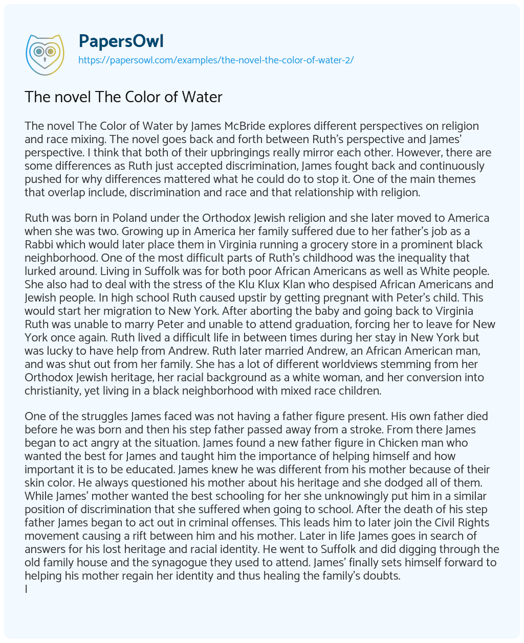The Novel the Color of Water essay