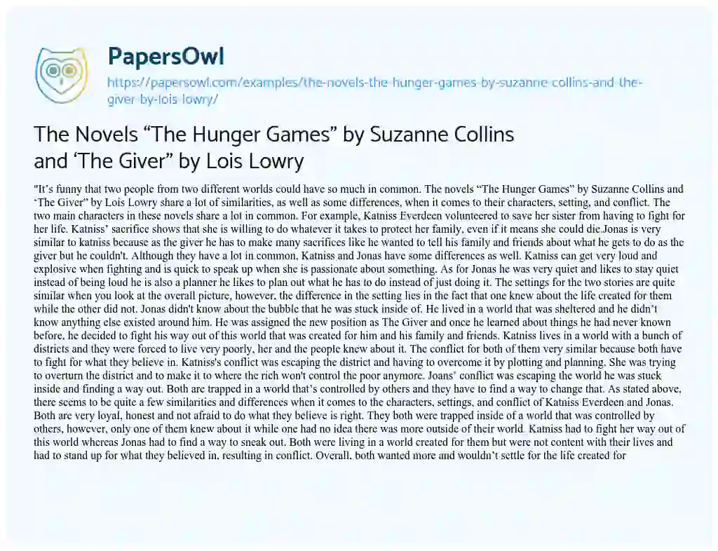 The Novels “The Hunger Games” by Suzanne Collins and ‘The Giver” by Lois Lowry essay