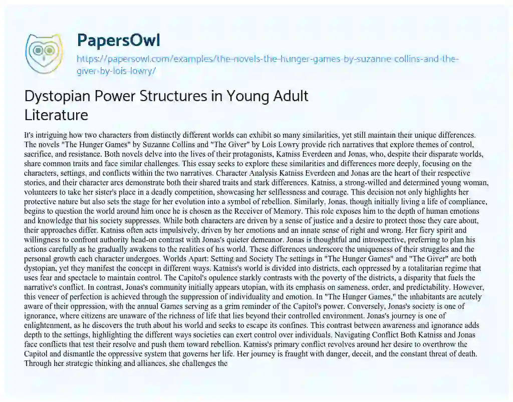 Essay on The Novels “The Hunger Games” by Suzanne Collins and ‘The Giver” by Lois Lowry