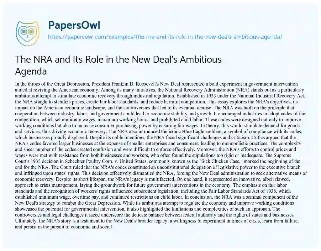 Essay on The NRA and its Role in the New Deal’s Ambitious Agenda