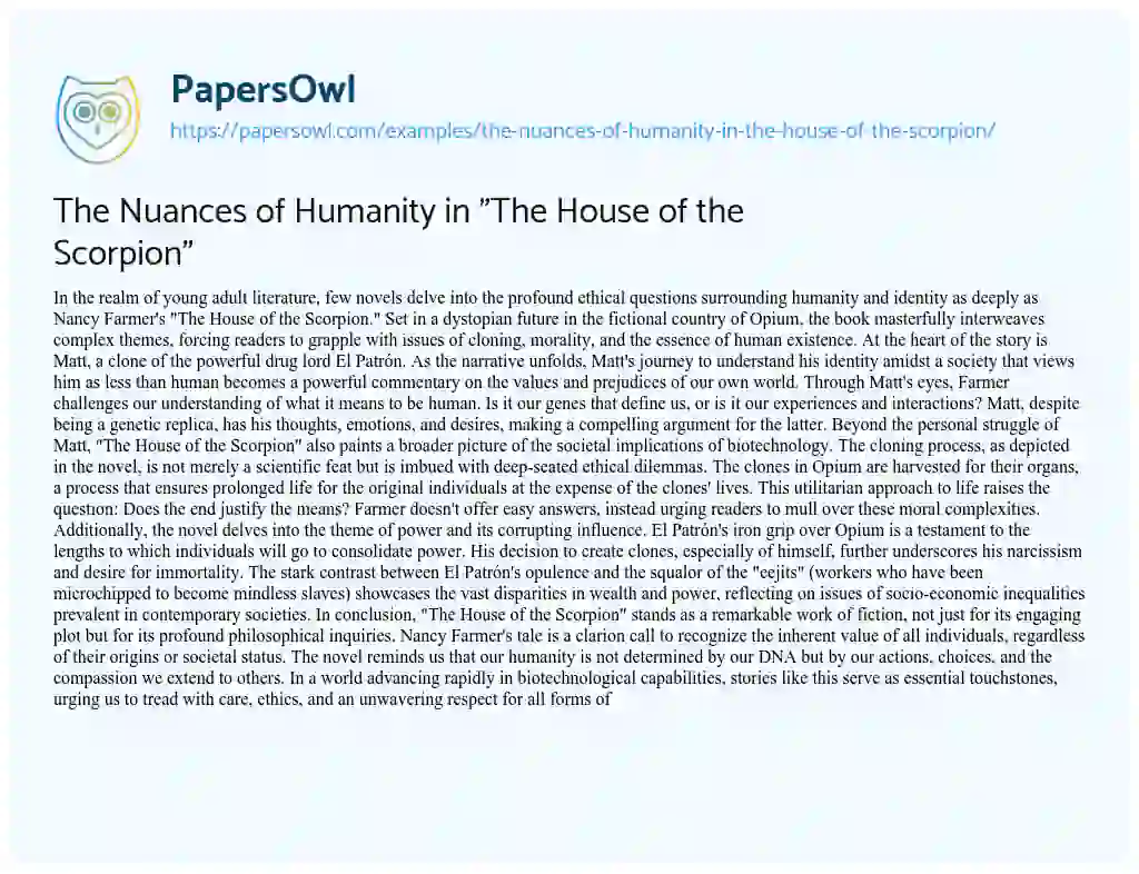 Essay on The Nuances of Humanity in “The House of the Scorpion”