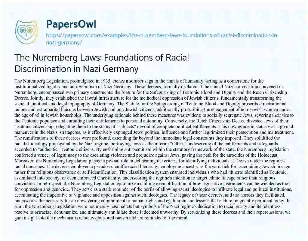 Essay on The Nuremberg Laws: Foundations of Racial Discrimination in Nazi Germany