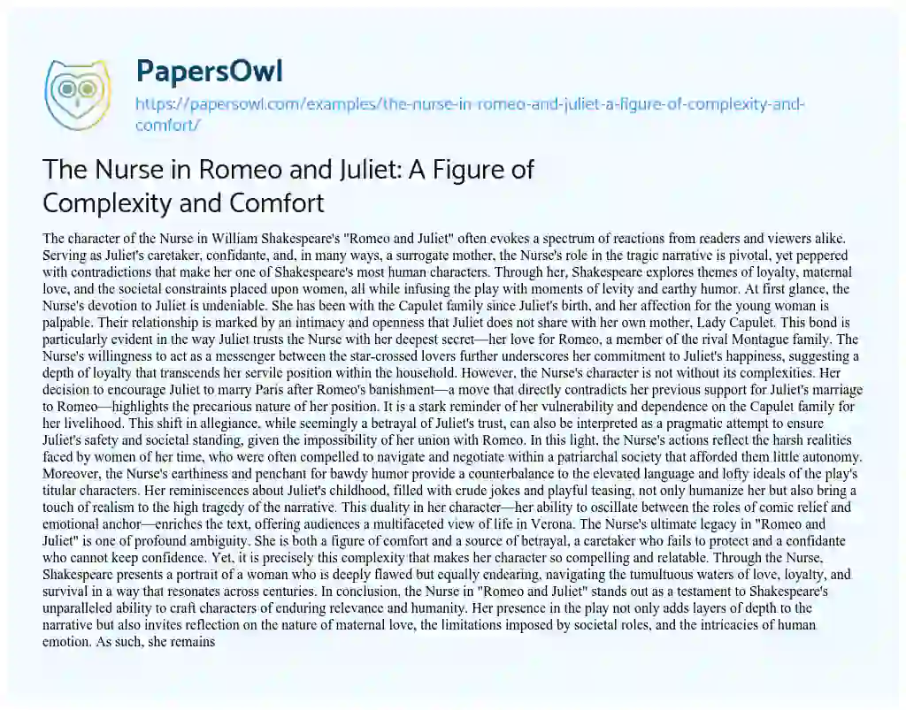 Essay on The Nurse in Romeo and Juliet: a Figure of Complexity and Comfort