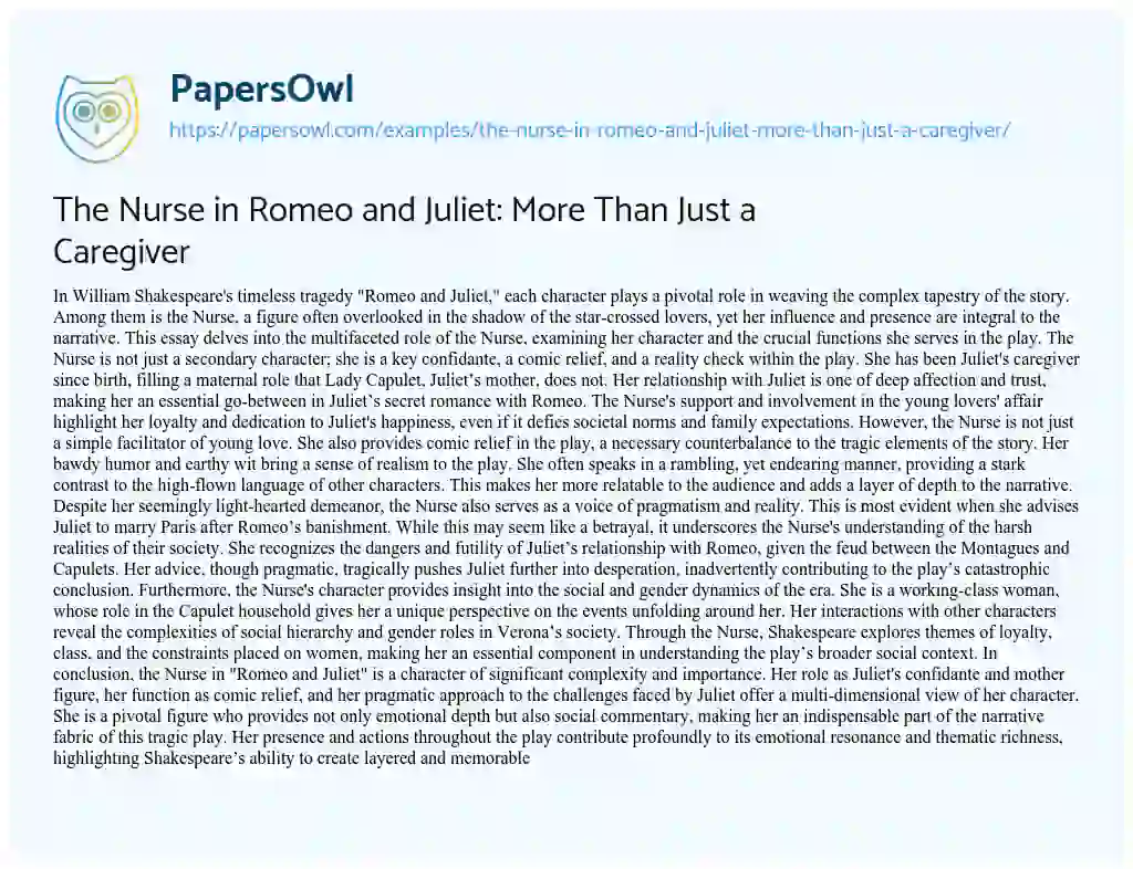 Essay on The Nurse in Romeo and Juliet: more than Just a Caregiver