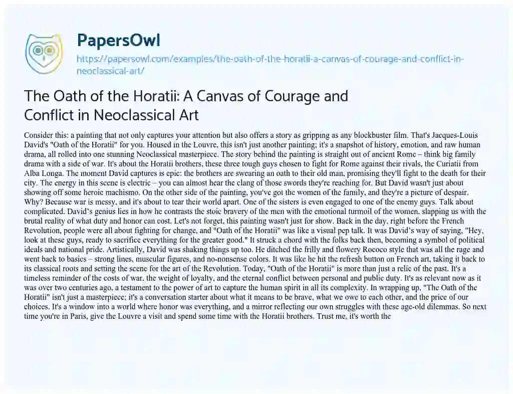 Essay on The Oath of the Horatii: a Canvas of Courage and Conflict in Neoclassical Art