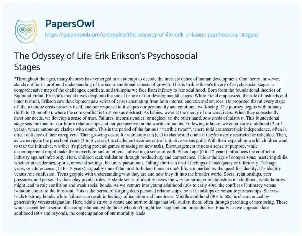 Essay on The Odyssey of Life: Erik Erikson’s Psychosocial Stages