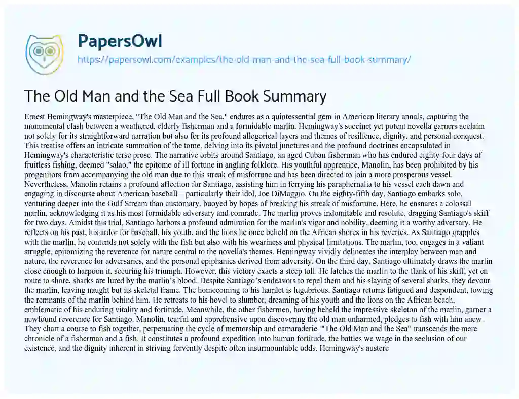 Essay on The Old Man and the Sea Full Book Summary