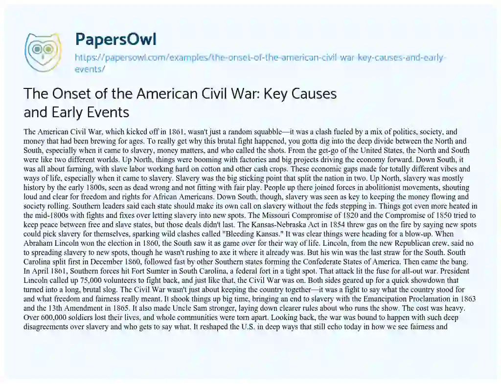 Essay on The Onset of the American Civil War: Key Causes and Early Events