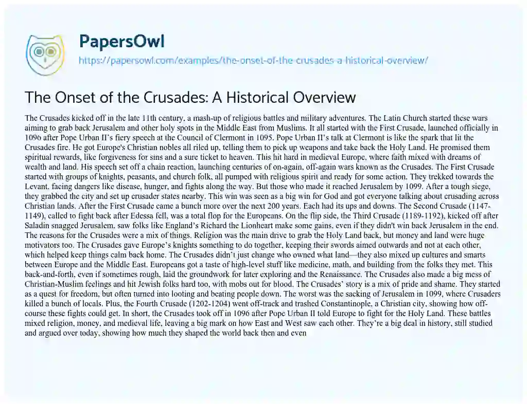 Essay on The Onset of the Crusades: a Historical Overview