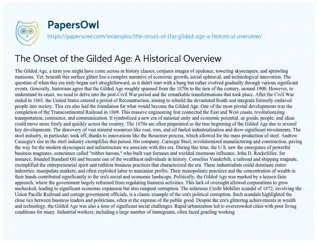 Essay on The Onset of the Gilded Age: a Historical Overview