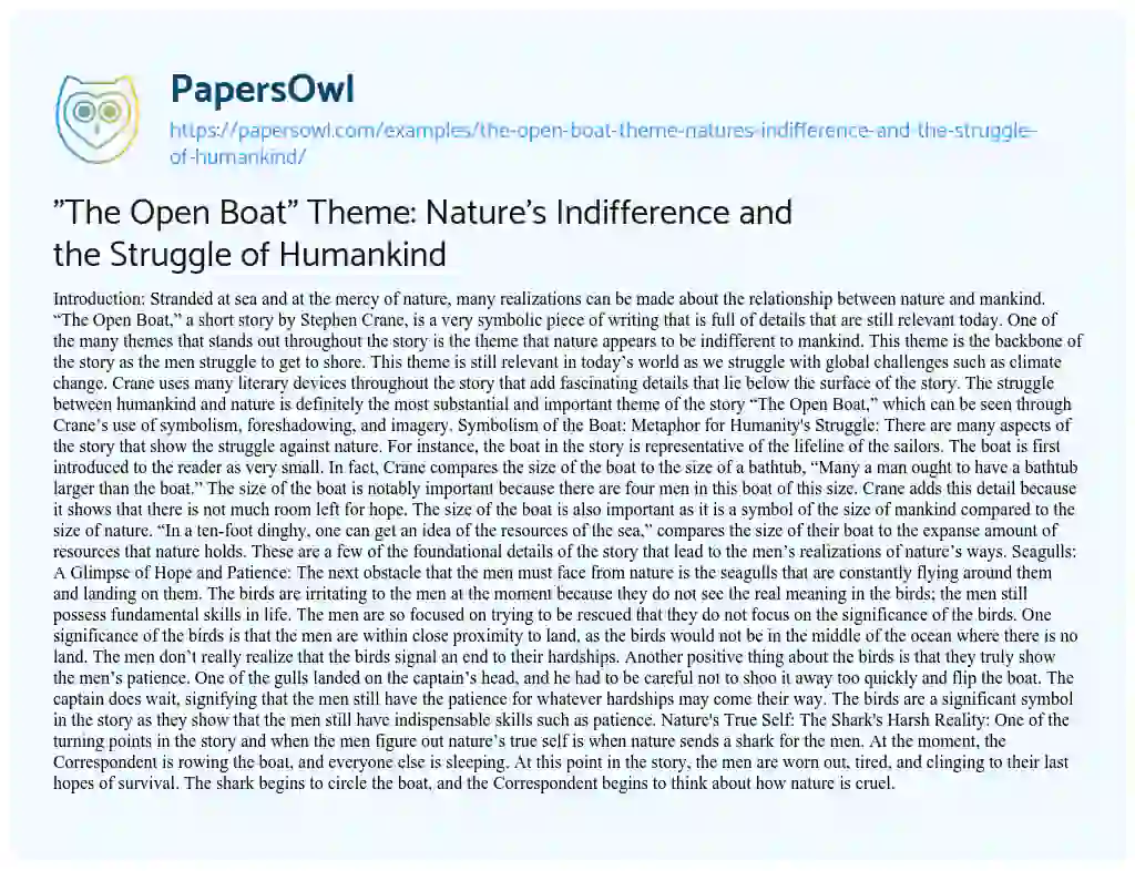 Essay on “The Open Boat” Theme: Nature’s Indifference and the Struggle of Humankind