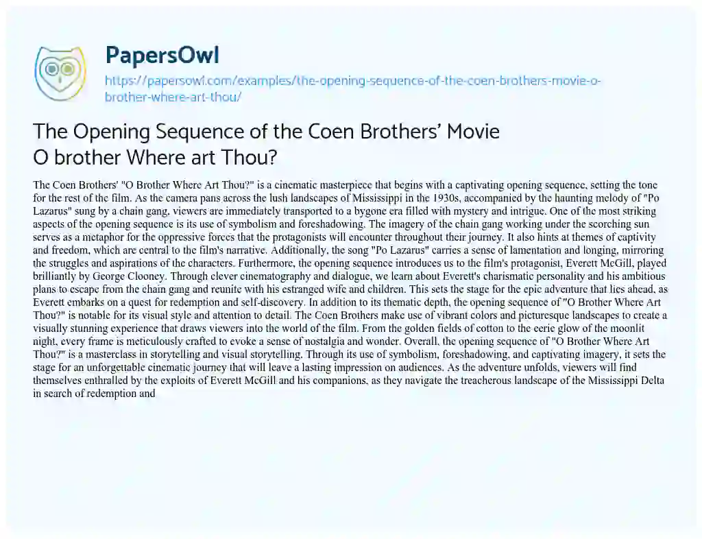 Essay on The Opening Sequence of the Coen Brothers’ Movie O Brother where Art Thou?
