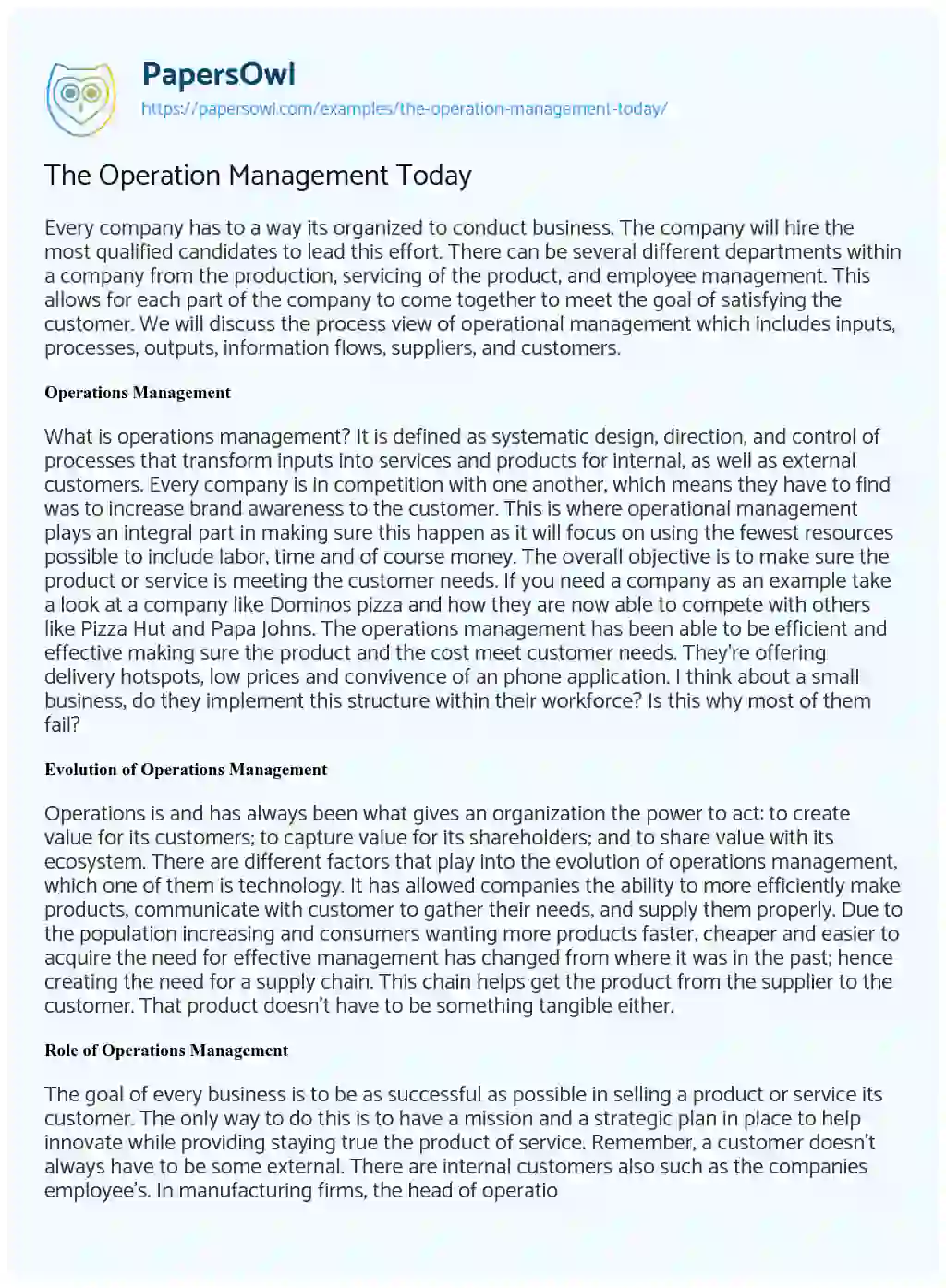 The Operation Management Today essay