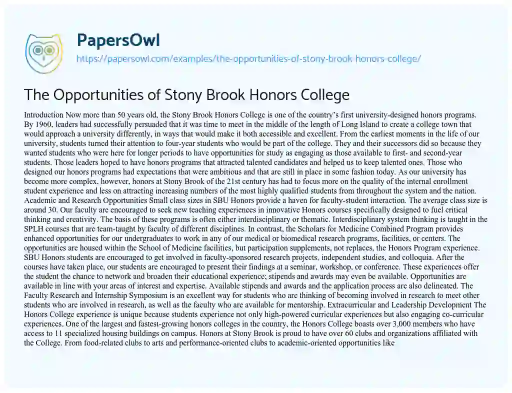 Essay on The Opportunities of Stony Brook Honors College