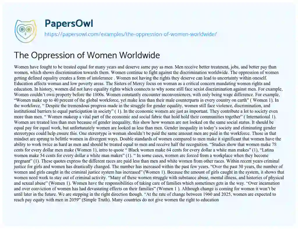 Essay on The Oppression of Women Worldwide