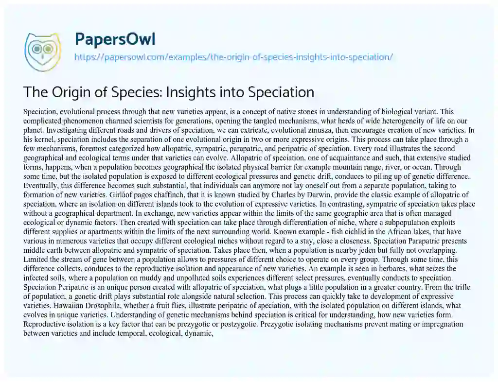 Essay on The Origin of Species: Insights into Speciation