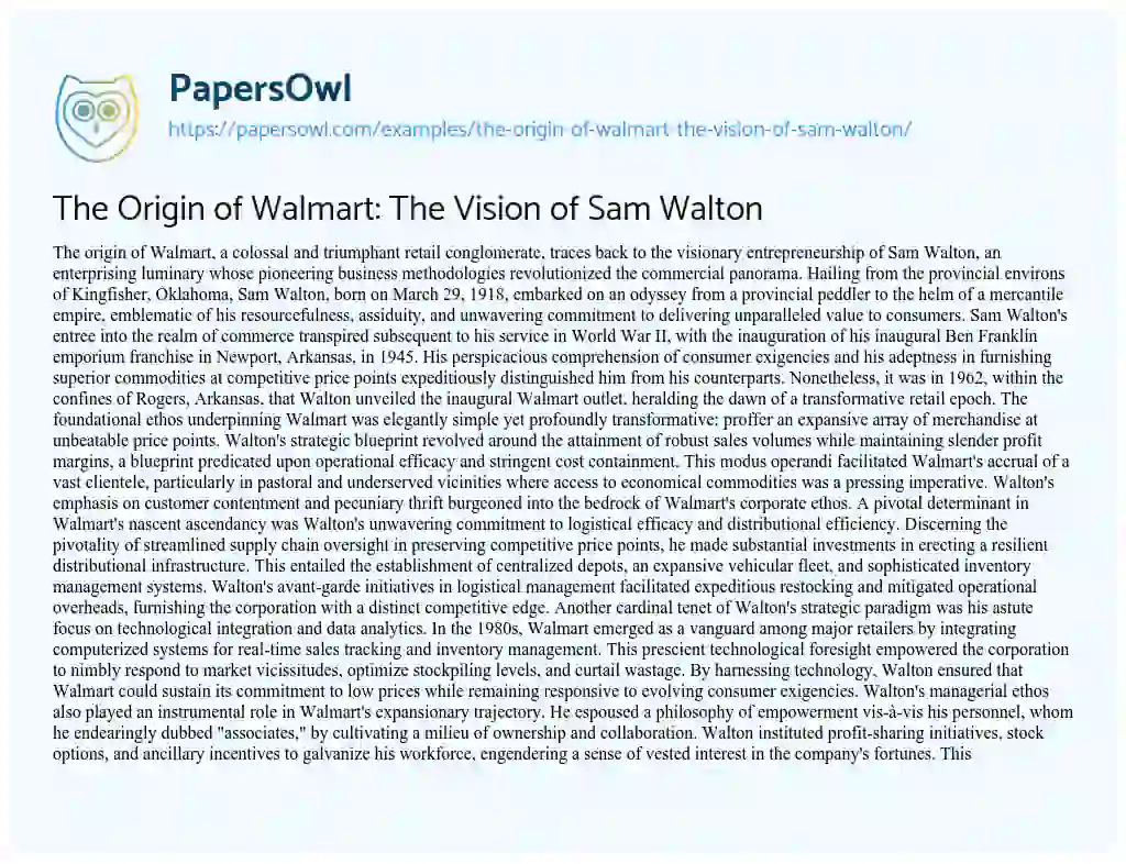 Essay on The Origin of Walmart: the Vision of Sam Walton