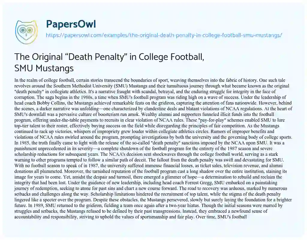 Essay on The Original “Death Penalty” in College Football, SMU Mustangs