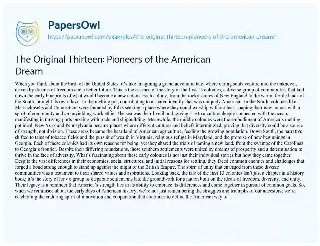 Essay on The Original Thirteen: Pioneers of the American Dream