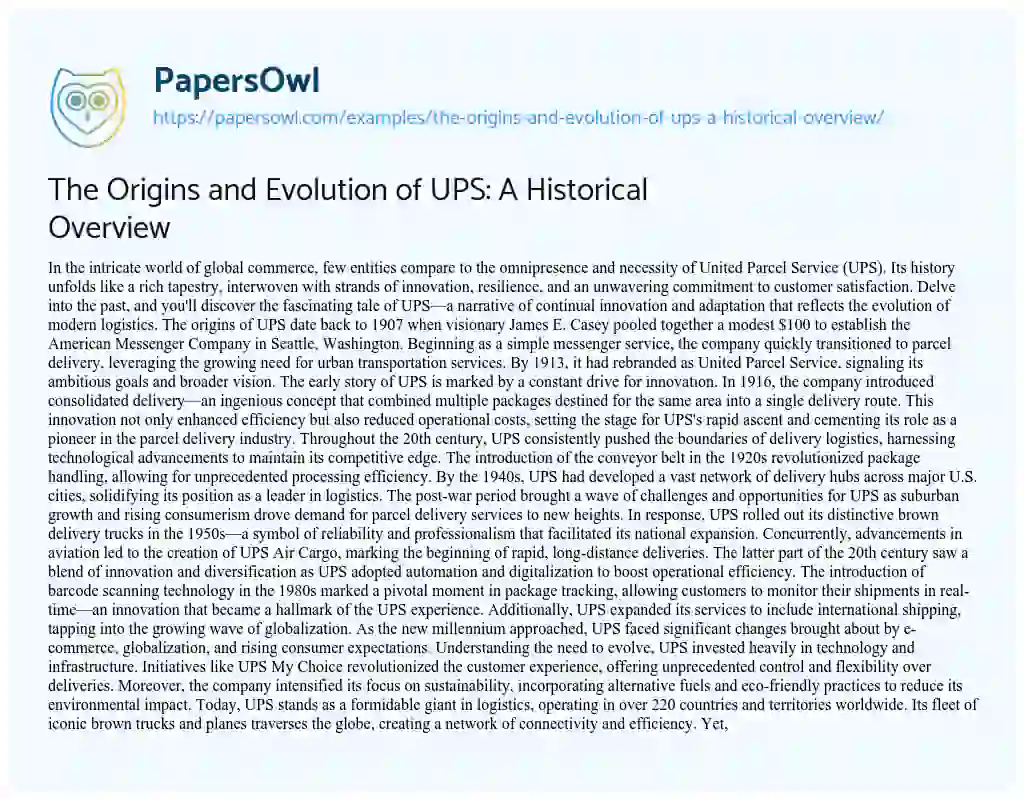 Essay on The Origins and Evolution of UPS: a Historical Overview