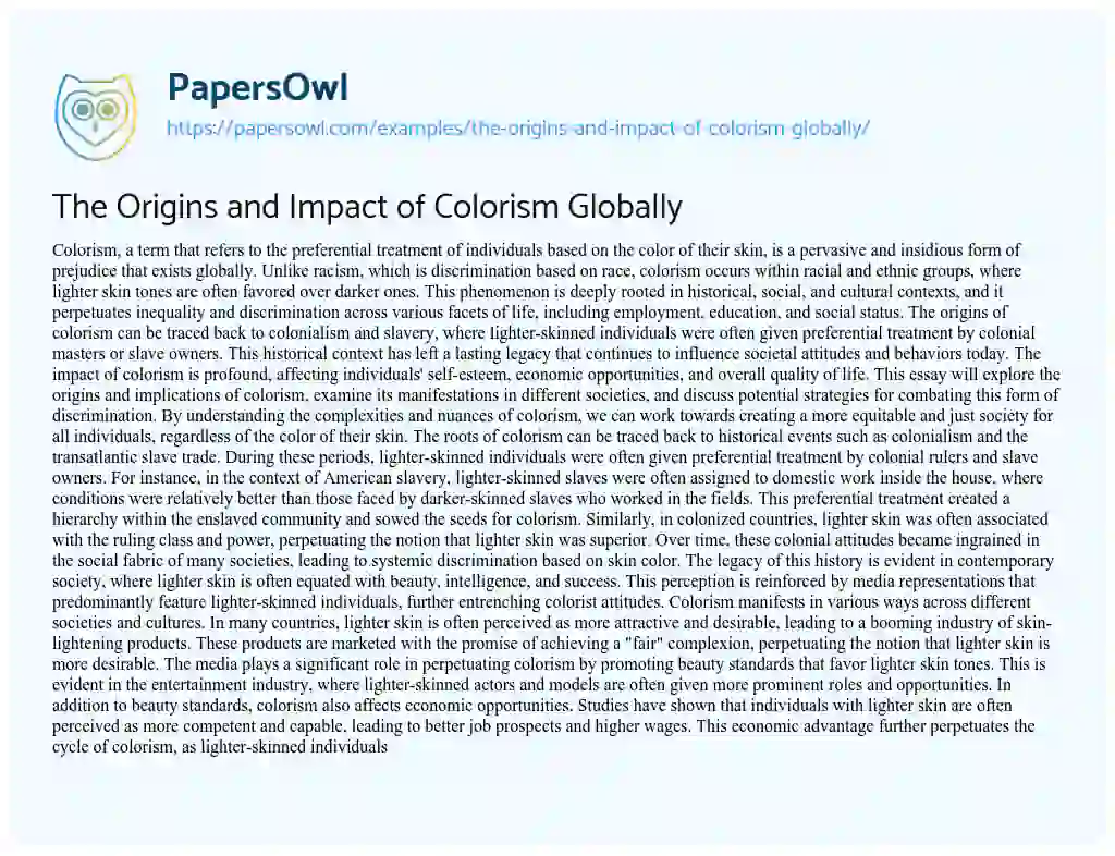 Essay on The Origins and Impact of Colorism Globally