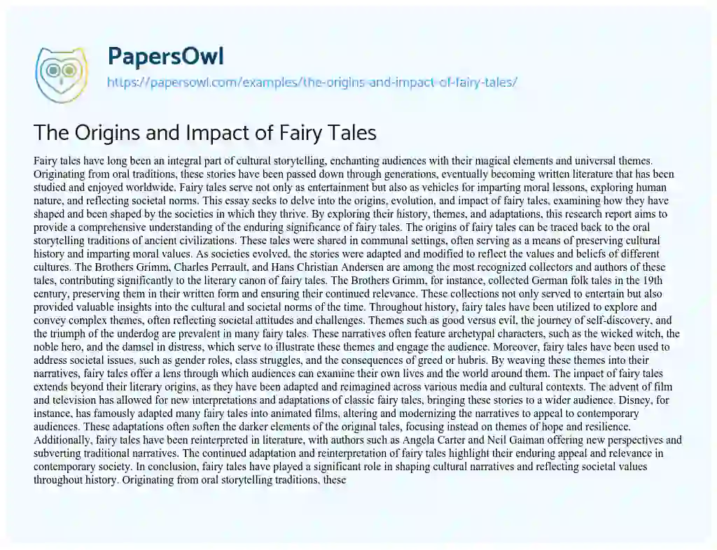 Essay on The Origins and Impact of Fairy Tales