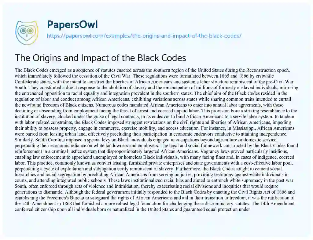 Essay on The Origins and Impact of the Black Codes