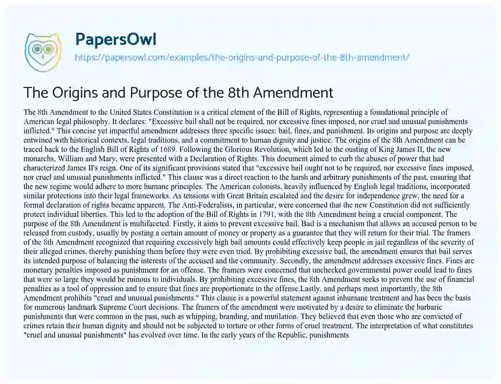 Essay on The Origins and Purpose of the 8th Amendment