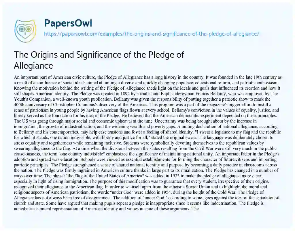 Essay on The Origins and Significance of the Pledge of Allegiance