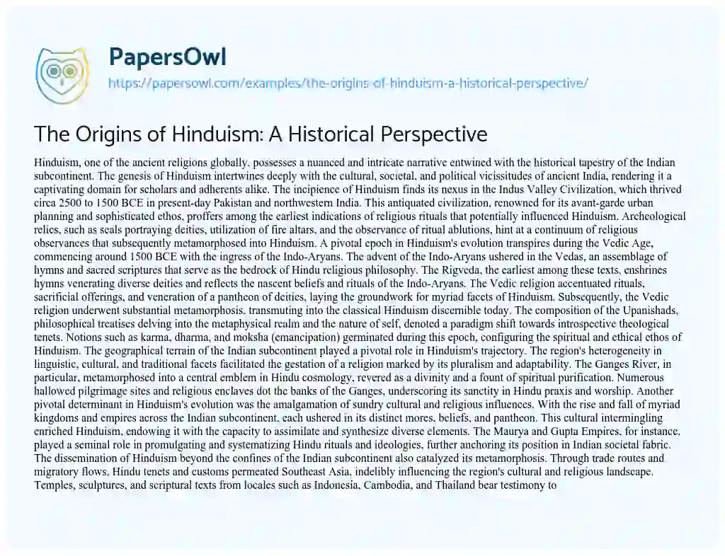 Essay on The Origins of Hinduism: a Historical Perspective