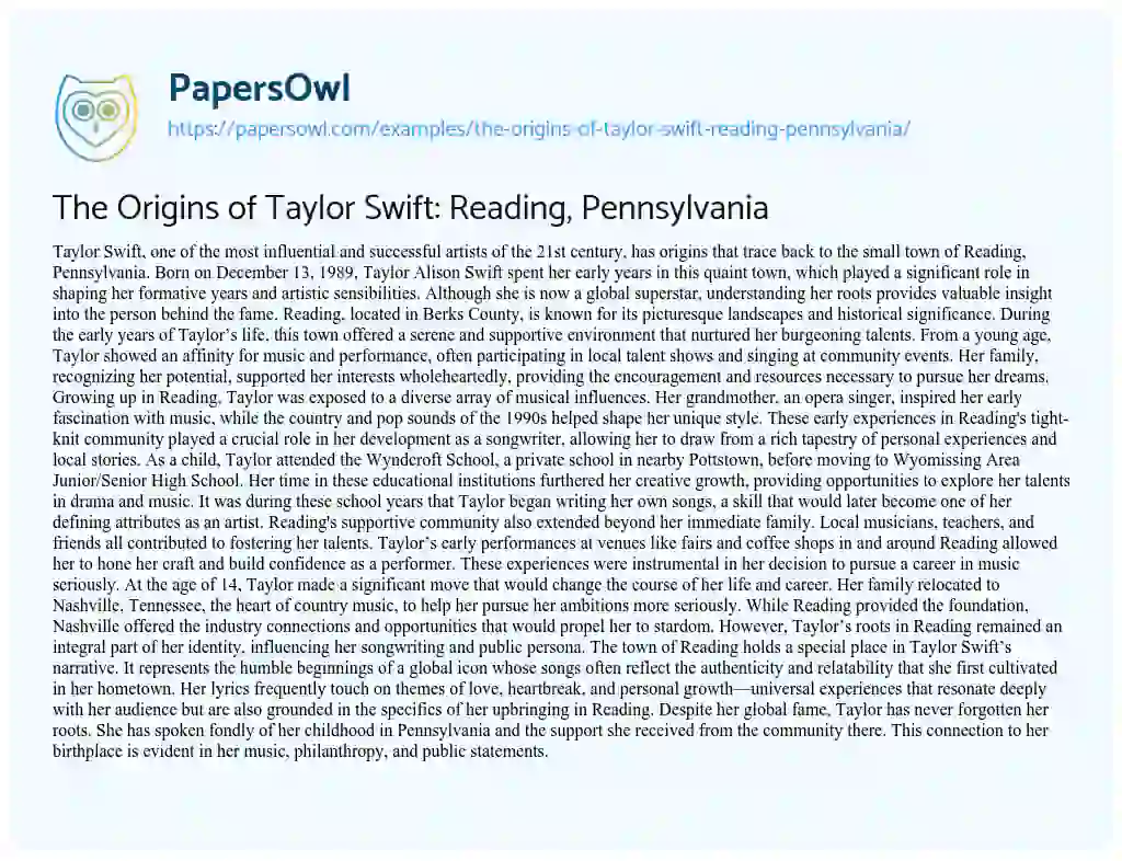 Essay on The Origins of Taylor Swift: Reading, Pennsylvania